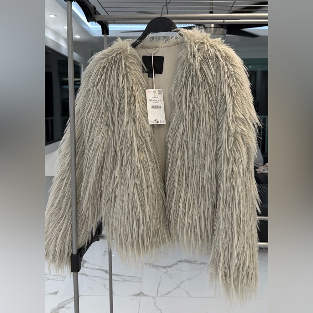 Zara faux fur coat, light grey - Picture 12 of 14